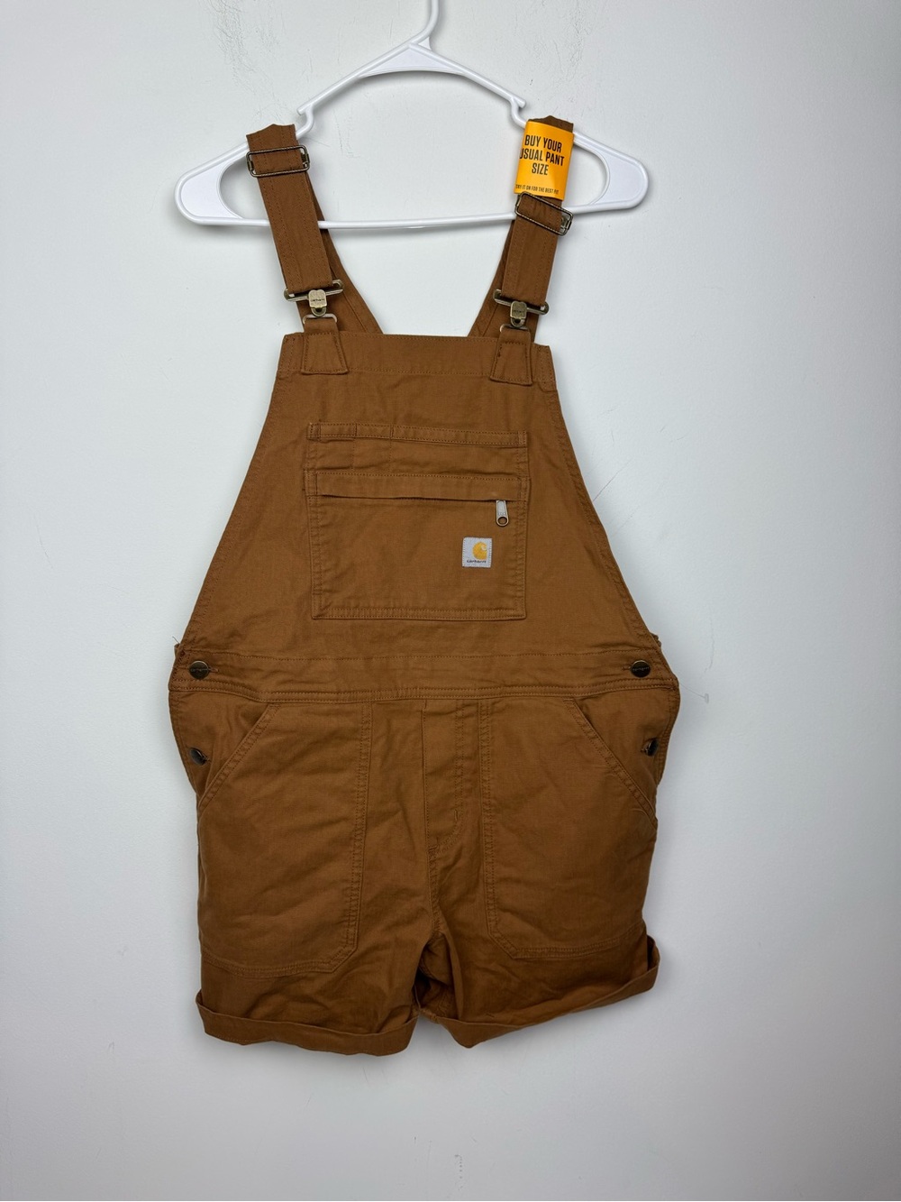 New Carhartt Women’s Tan Rugged Flex Relaxed Fit Canvas Shortall Overalls Medium - Picture 3 of 10